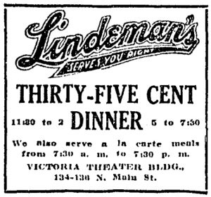 A 1912 Dayton Daily News ad for Lindeman’s restaurant, located at a Victoria Theater storefront. Cox Media Group.